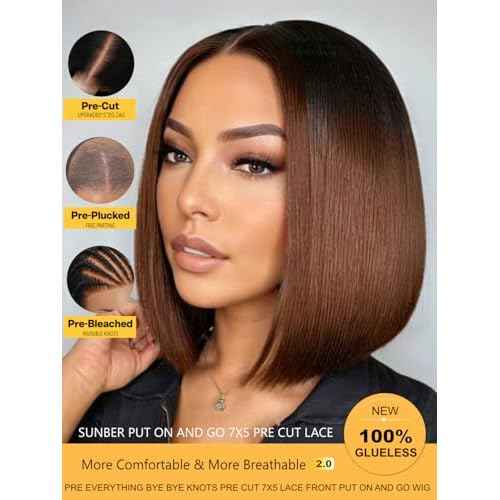 Sunber Ombre Chestnut Brown Light Yaki Straight Bob Human Hair Wigs Bye Bye Knots Pre Cut 7x5 HD Lace Front Lace Put On and Go 3s Wear Glueless Brown Yaki Bob Wig Pre Bleached Invisible Knots 12Inch