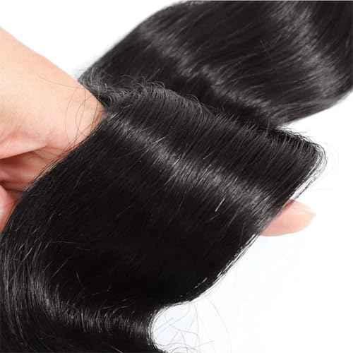 100% Brazilian Virgin Human Hair Body Wave Natural Black Human Hair Bundles with 4x4 Lace Closure, 3 Bundles with Closure (14, 16, 18+12 Natural Black)