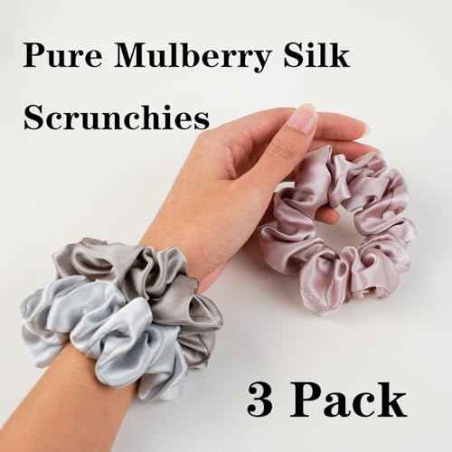Silk Scrunchies for Hair 100% Mulberry Silk Hair Ties£¨Silver gray, Dark gray, Pink£©