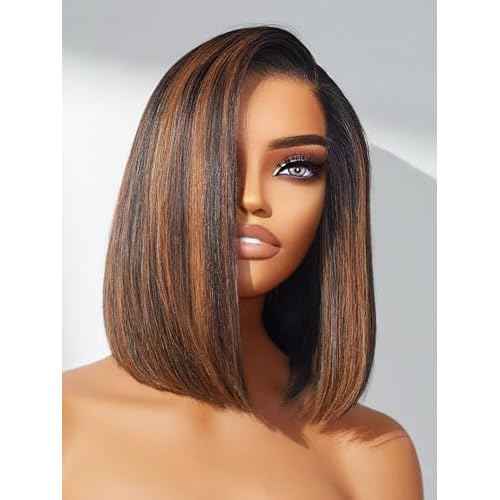 LUVME HAIR Bob Wig 100% Human Hair Wigs Glueless Lace Front 200% Density 10 Inches Brown Highlights Bob, Pre Cut Plucked Hd Lace Short Wig Ready To Go Natural Color Straight Bleached Knots Side Part