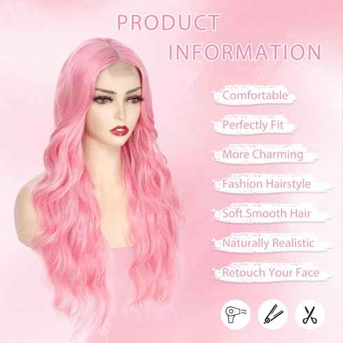 Long Pink Wavy Wig Middle Part for Women 26 Inch Light Pink Curly Wavy Wigs Natural Looking Synthetic Heat Resistant Fiber Wig for Daily Party Use