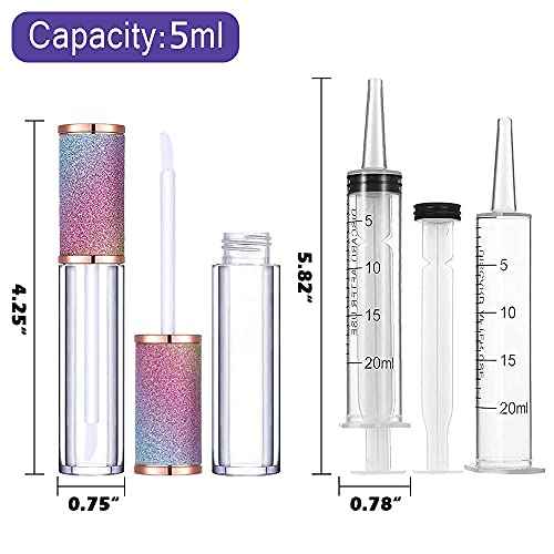 AMORIX 50 Pack Rainbow Lip Gloss Tubes 5ml Empty Containers Cute Bottles Supplies Kit + 3pcs Syringes + Labels for DIY Base