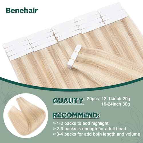 Benehair 20pcs Remy Tape in Hair Extensions Human Hair Ash Blonde&Bleach Blonde Seamless Skin Weft Tape in Real Human Hair Extensions Straight Hair 18 Inch 30g #18P613