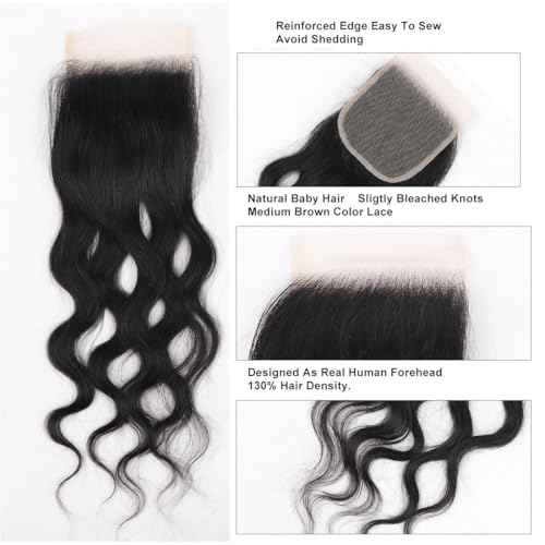 18 Inch 4x4 HD Lace Closure Brazilian Virgin Human Hair Natural Wave Transparent Lace Closure Pre Plucked with Baby Hair Free Part Natural Wave Lace Closure, Black