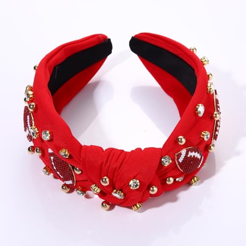 CEALXHENY Football Headband for Women Football Accessories Beaded Football Rhinestone Crystal Knotted Headband Jeweled Embellished Game Day Top Knot Headband Football Mom Hair Accessories (B-Red)