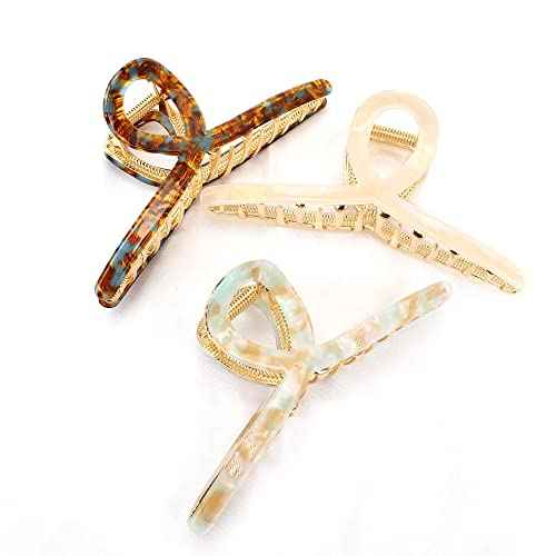 3Pack Large Metal Acetate Hair Claw Clips for Thick Thin Hair, Fashion Big Hair Clamp Hair Styling Accessories as Gift for Wife Girlfriend (Ivory White,Green White,Amber)