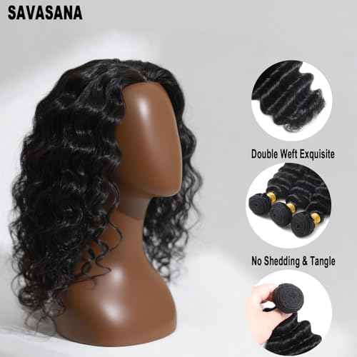 Savasana 12A Human Hair Bundles 18 20 22 Inch 3 Deep Wave Bundles, 100% Unprocessed Brazilian Virgin Human Hair Raw Hair Quick Weave Installation Real Human Hair for Women Natural Black