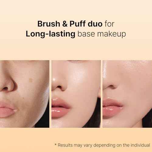 THE TOOL LAB All Day Fitting Duo (Glow type) - Premium Base Makeup Set for Liquid Cream Powder Foundation, Buffing Blending Face Brush, Sponge, Portable Case - 1.1" Flat Top Brush