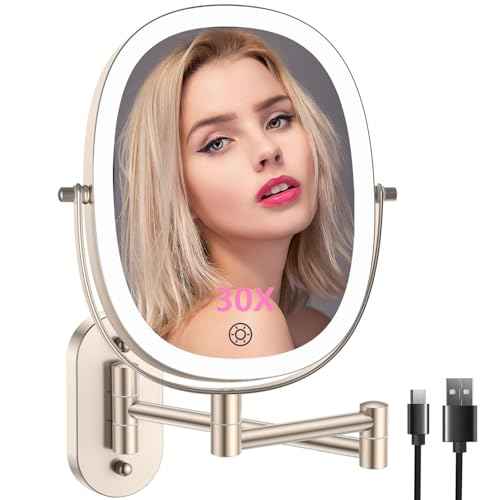 FUNTOUCH 30X/1X Wall Mounted Makeup Mirror,Rechargeable Double Sided Touch Switch Rectangle Oval Wall Mounted Magnifying Mirror with Light, 3 Color Setting,Extended Arm 360¡ÆFoldable, Nickel