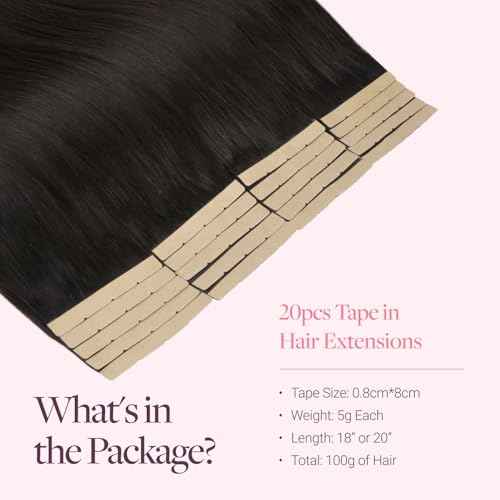GOO GOO Tape in Hair Extensions Human Hair, 1B Natural Black, 8cm Wide Tape, 18inch 20pcs 100g, Tape Weft Hair Extensions, Real Human Hair, Seamless Tape in