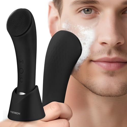 PRITECH Facial Cleansing Brush, Rechargeable Silicone Face Scrubber with Heat Massage End, Vibrating Exfoliator Scrubber for Deep Cleaning, Waterproof Face Brush for Women and Men (Black)
