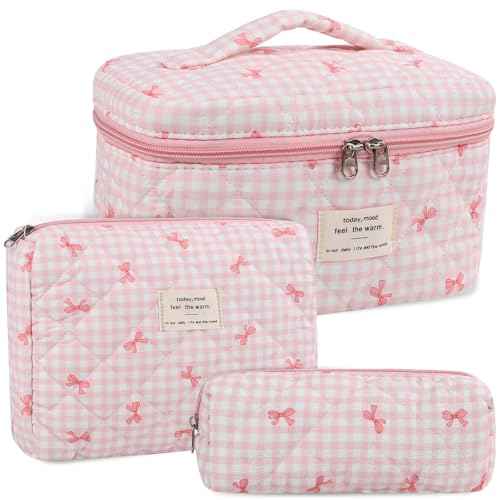 Anfly Makeup Bag, Quilted Cosmetic Bags, Large Floral Make Up Bag, Cute Makeup Bag 3PC Set for Women Girls (Pink)