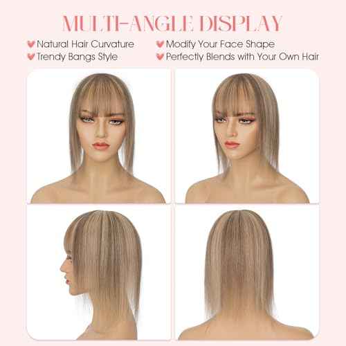 Hairro Mono Hair Toppers with Bangs, 3.4" x 3.4" Mono Base 100% Real Human Hairpieces for Women, 150% Density Clips In Topper for Greyish Thinning Hair, 18 Inch Medium Brown Mix Dark Blonde