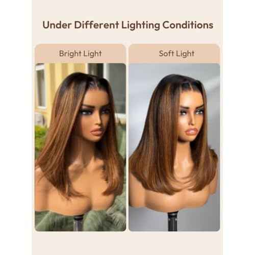 Beauty Forever Bob Wig Human Hair Brown With Blonde Piano Highlights Blunt Straight Wig Glueless 7x5 HD Lace Front Pre Cut Plucked Bye Bye Knots Ready to Go Short Wig 150% Density 14 Inches