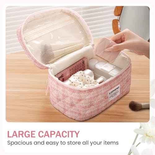 Makeup Bag 3 PCS Quilted Cosmetic Bags for Women, Large Travel Make up Bag Set Cute Cotton Toiletry Bag Organizer Pouch for Purse, Pink