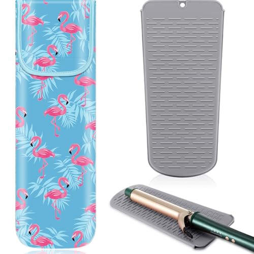 Shappy 2 Pieces Curling Iron Travel Case Cover Heat Resistant Flat Iron Holder Case Sleeve Neoprene Straightener Holder and Silicone Hot Tools Flat Bag(Flamingo Style)
