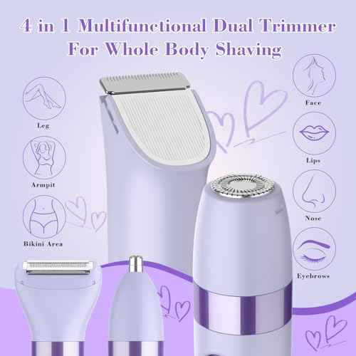 Hatteker 4-in-1 Women's Electric Razor, Dual-Head Body Hair Trimmer for Women, IPX7 Waterproof Rechargeable Bikini Trimmer & Facial Hair Remover for Legs, Armpits, Face, Nose, Eyebrows, Purple