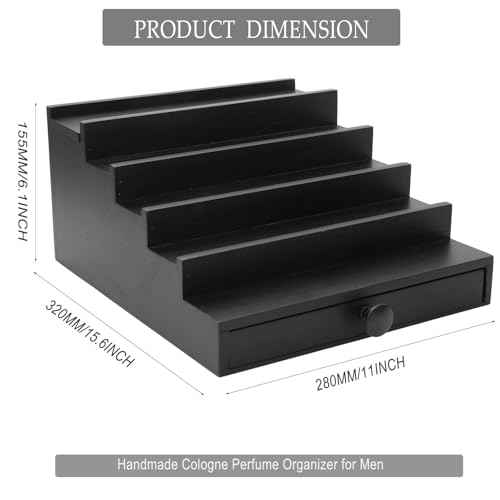 5 Tier Cologne Organizer for Men - Wooden Black Cologne Perfume Display Stand with Drawer and Hidden Compartment, Mens Cologne Holder Shelf for Organizing and Storing