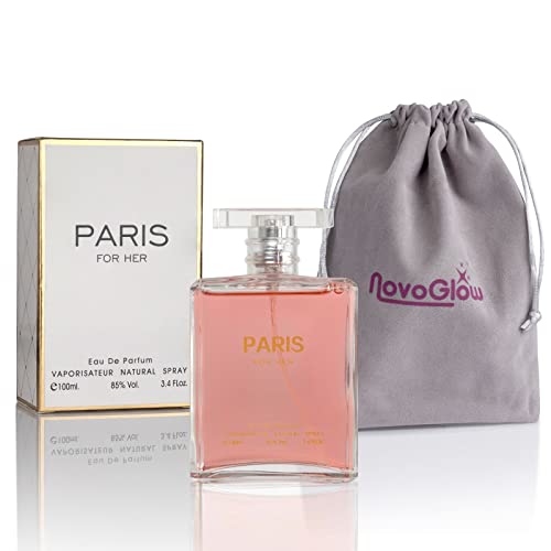 NovoGlow Paris For Her Eau de Parfum Spray Perfume, Fragrance For Women-Daywear, Casual Daily Cologne Set with Deluxe Suede Pouch- 3.4 Oz Bottle- Ideal EDT Beauty Gift for Birthday, Anniversary (3.4)