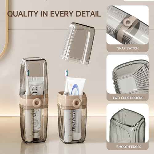 Toothbrush Travel Case, 2 in 1 Toothbrush Holder and Rinse Cup, Large Capacity Toothbrush Cup with Cover, Portable Travel Toothbrush Holder for Traveling, Camping, Trip - 1Pcs - Beige&Clear