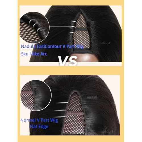 Nadula EasiContour V Part Yaki Straight Human Hair No Leave Out Clip in V-part Wig,12A Glueless Upgrade U Part Light Kinky Straight Human Hair Wig 180% Density with Elastic Drawstring 16inch