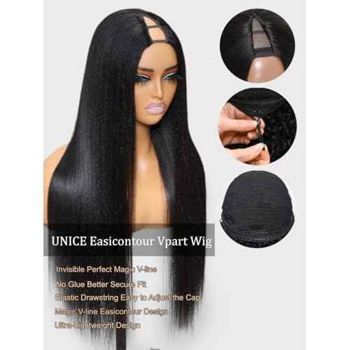 UNICE EasiContour V Part Wigs Human Hair with Drawstring Yaki Straight Glueless Clip in Vpart Wig No Sew in No Glue Beginner Friendly 14 inch