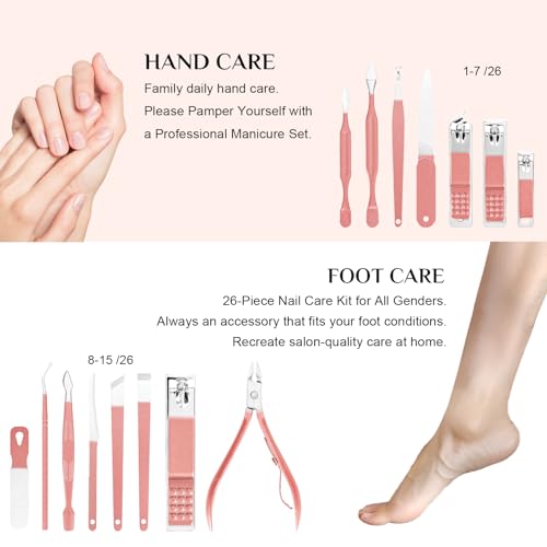 Nail Clippers Set, 26 Piece Manicure Set & Pedicure Kit, Stainless Steel Fingernail & Toenail Clipper Cutters, Professional Nail Care Tools with Luxurious Travel Case for Men and Women, Metallic Pink