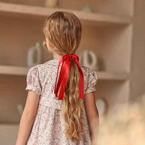Red Ribbon Hair Ties Cheer Long Tassel Elastic Hairbands Handmade Girls Women Ponytail Holder Hair Accessories for Holiday Party