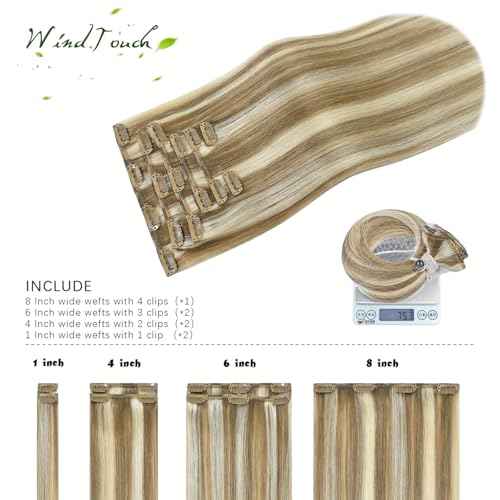 WindTouch Clip in Hair Extensions 115g Real Human Hair Blonde Hair Extensions #18p613 Mixed Bleached Blonde Thicker 7pcs 22inch