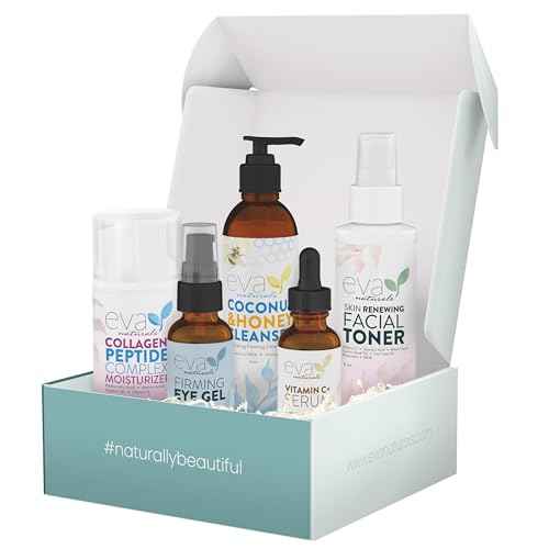 Eva Naturals Rejuvenating Skincare Set ? 5-in-1 Routine with Cleanser, Toner, Vitamin C Plus Serum, Eye Gel and Collagen Peptide Moisturizer for Face, Anti-Wrinkle, Dark Spots, Acne and Skin Replenish