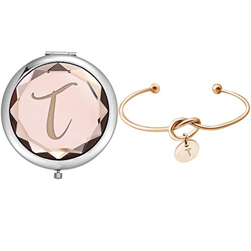 Compact Crystal Pocket Makeup Mirrors,Letter Mirrors Set Include 1 Letter Mirror 1 Letter Love Knot Bracelets for Bachelorette Party Bridesmaid Proposal Gifts ,Wedding Party Gifts. (Champagne T)