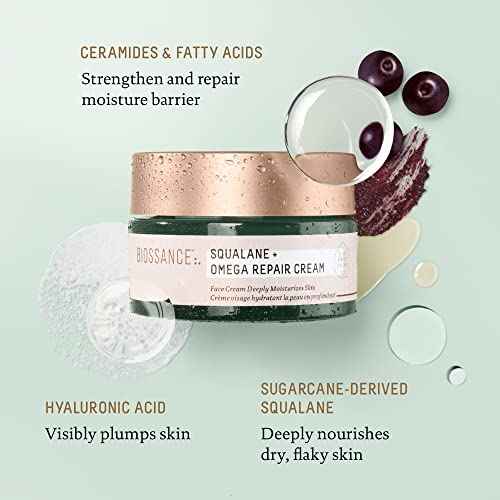 BIOSSANCE Squalane + Omega Repair Cream - Ultra-Moisturizing Face Cream - Skin Care with Hyaluronic Acid, Ceramides, Squalane - Ideal for Dry & Sensitive Skin, Intense Hydration Moisturizer