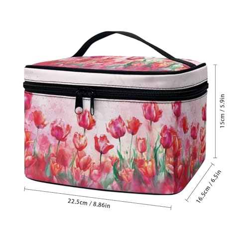 Biyejit Red Tulips Makeup Bag Large Travel Cosmetic Case Organizer Portable Storage Bag with Adjustable Dividers for Cosmetics Makeup Brushes Toiletry Accessories, Easy to Clean