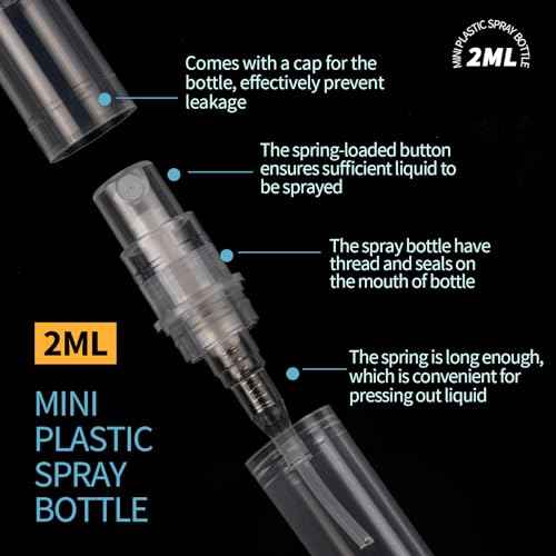 Fandamei Mini Spray Bottle, 60PCS 2ml Mini Clear Plastic Spray Bottle Empty, Fine Mist Refillable Mini Perfume Bottle. Small Empty Sample Containers Bottle. 2ml, 60 Pack, Clear, FANL-093
