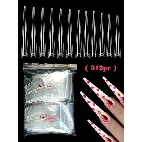 312PCS Extra Long Stiletto Nail Tips for Acrylic Nails Professional, 4XL Half Cover Stiletto Nails Tips, Clear French False Nail Extension, Super Long French Tapered Nails Tip 12 Sizes