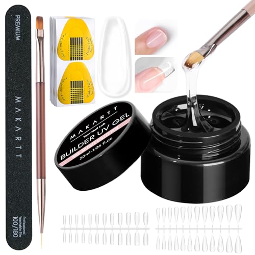 Makartt Clear Gel Builder Kit: Self-Levelling, Long Lasting Extension Hard Gels for Strengthener, Broken Nails Repair Gel Kit with Paper Forms, Dual forms, Nail File and Dual-End Brush 1.06 oz