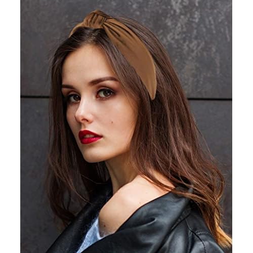 Women's Headbands: Brown Velvet Chic Knotted Top Knot, Trendy Fashion Designer Head Band