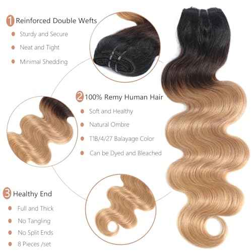 LUMIERE Human Hair Clip In Extensions, Ombre Blonde Body Wave Seamless Clip In Hair Extensions Real Human Hair 1B/4/27 Balayage Hair Extensions 120g 8pcs Per Set 24 Inch