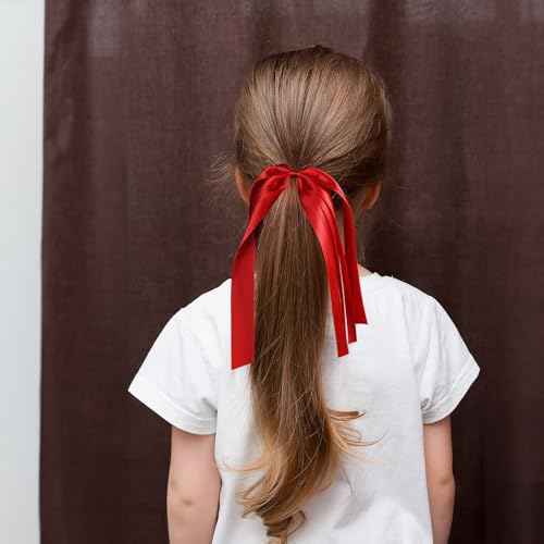 Red Ribbon Hair Ties Cheer Long Tassel Elastic Hairbands Handmade Girls Women Ponytail Holder Hair Accessories for Holiday Party