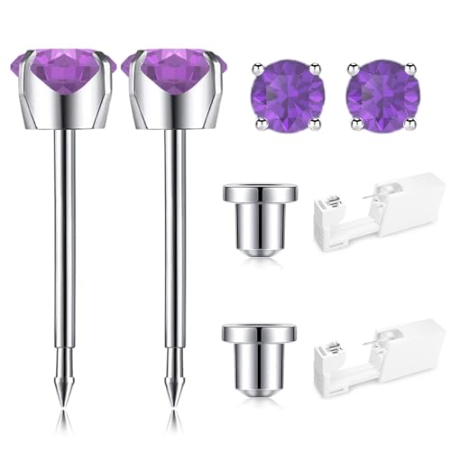 Ear Piercing Kit, Disposable Ear Piercing Gun Kit, 316L Surgical Stainless Steel 4mm Prong Set Cubic Zirconia Stud, At Home Self Ear Piercer Kit with Birthstone Earrings Stud (Amethyst)