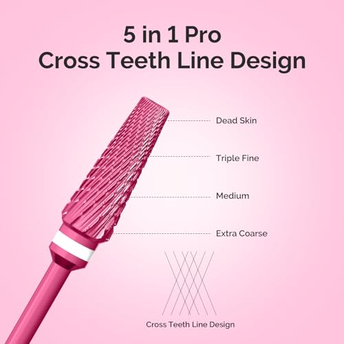 MelodySusie Upgrade 5 in 1 Nail Drill Bits, 3/32'' Carbide Tungsten Multi-Function Mixed Sizes Edition, Suitable for Manicure Pedicure Cuticle Gel Polishing, Professional Advanced Bits, Pink Blossom