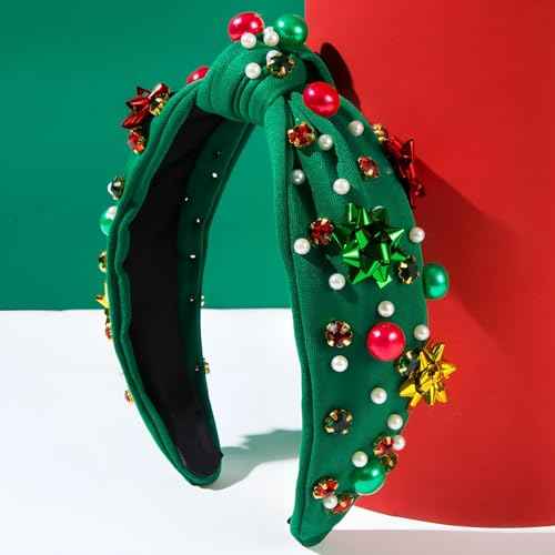 2 Pack Christmas Headband for Women Pearl Rhinestone Crystal Jeweled Xmas Flower Embellished Ladies Wide Top Knot Red Green Makeup Hair Hoop Accessory Holiday Party Costume Decor Prezzie