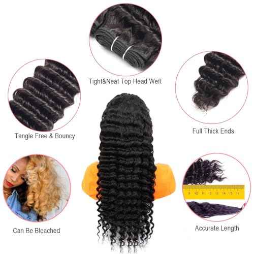 12A Deep Wave Bundles Human Hair 16 18 20 Inchs Human Hair Bundle 100% Unprocessed Brazilian Curly Wet Wavy Texture 3 Bundles Deep Wave Natural Black