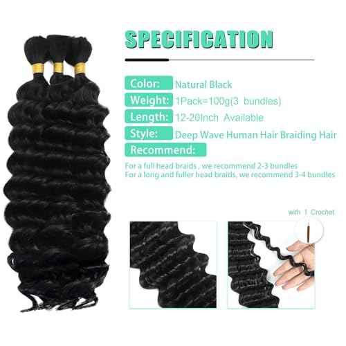 18 Inch Human Boho Braiding Hair, Deep Wave Bulk Hair Extension 100g Knotless No Weft 100% Virgin Hair 3 Bundles/Pack, Natural Black