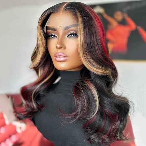 Black Red Blonde Highlights Wig Human Hair 13x4 Body Wave Lace Front Wigs Human Hair 180% Density Ombre Blonde Red Highlight Glueless Colored Body Wave Wig Pre Plucked for Women 18 Inch