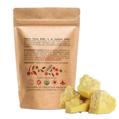 Organic Cocoa Butter Raw Unrefined, Food Grade USDA Certified Organic, for Scars, Stretch Marks Cream, Body Butter, Lip Balm and Lotion Bars, 100% Pure 1 lb Block