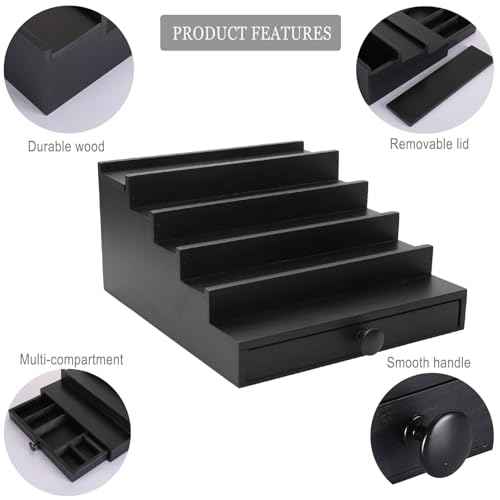 5 Tier Cologne Organizer for Men - Wooden Black Cologne Perfume Display Stand with Drawer and Hidden Compartment, Mens Cologne Holder Shelf for Organizing and Storing
