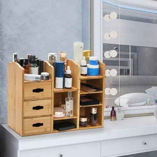 Coloch Bamboo Makeup Cosmetics Organizer with Drawers, Multifunctional Dresser Top Makeup Storage Tabletop Organizer Shelf for Desktop, Skincare, Beauty Supplies, Cosmetics Display, Stationery Storage