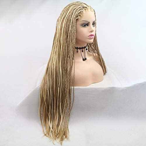 Highlight Blonde Box Braided Wig Micro Lace Front Wigs for Women Long Braid Synthetic Hair Wig Glueless Lace Wig Natural Hairline Synthetic Heat Resistant Fiber Hair for Women 26Inch(Brown)