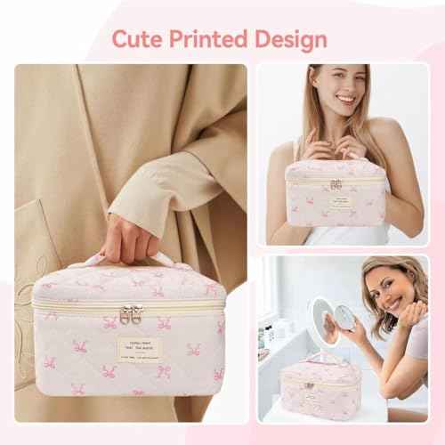 Large Travel Quilted Makeup Bag£¬Cute Bow Cotton cosmetic bag, Fashionable aesthetic makeup bag,Coquette Aesthetic Floral Travel Toiletry Bag for Women and Girls
